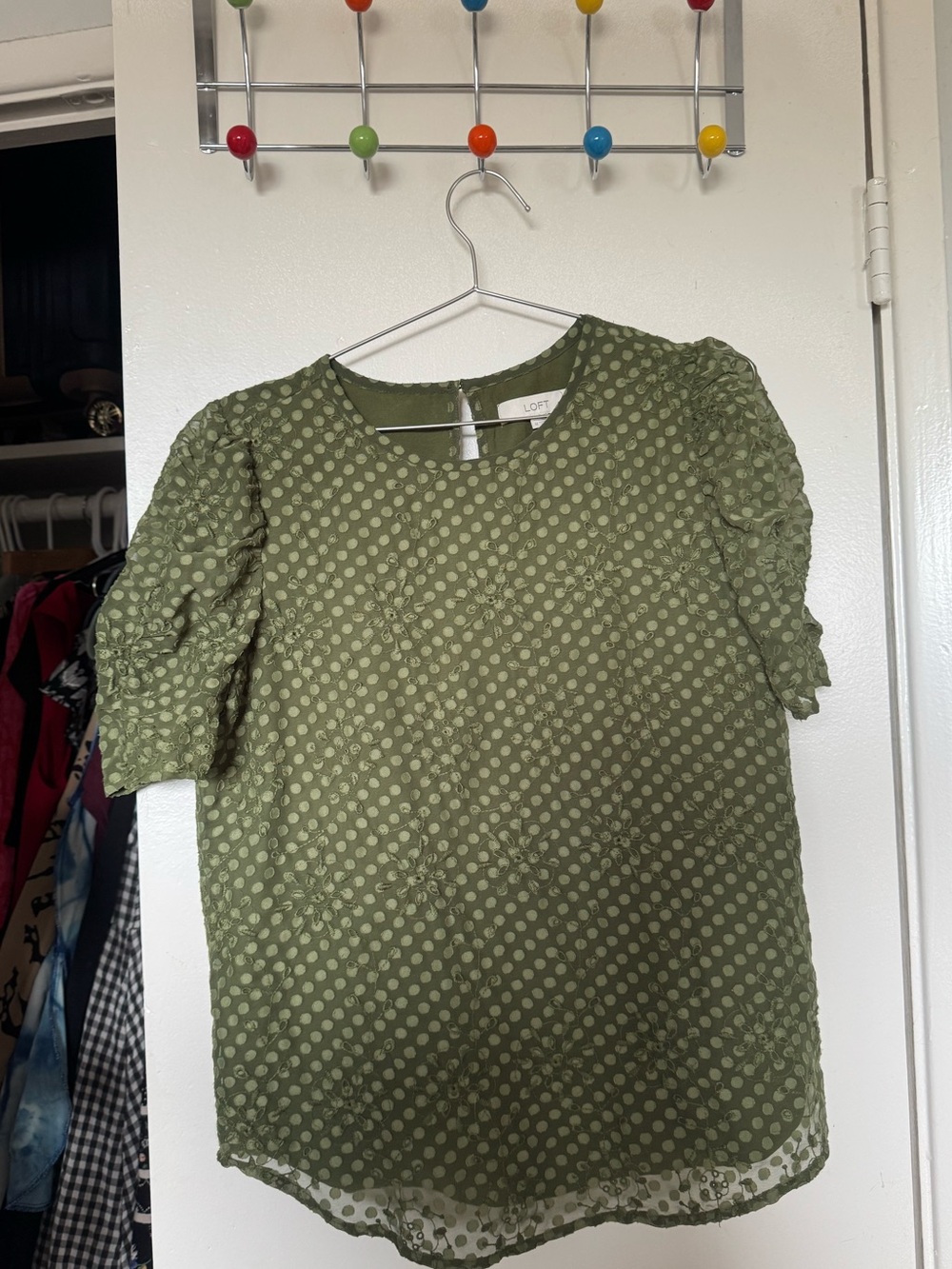 LOFT Olive Polka Dot Puff Sleeve Top